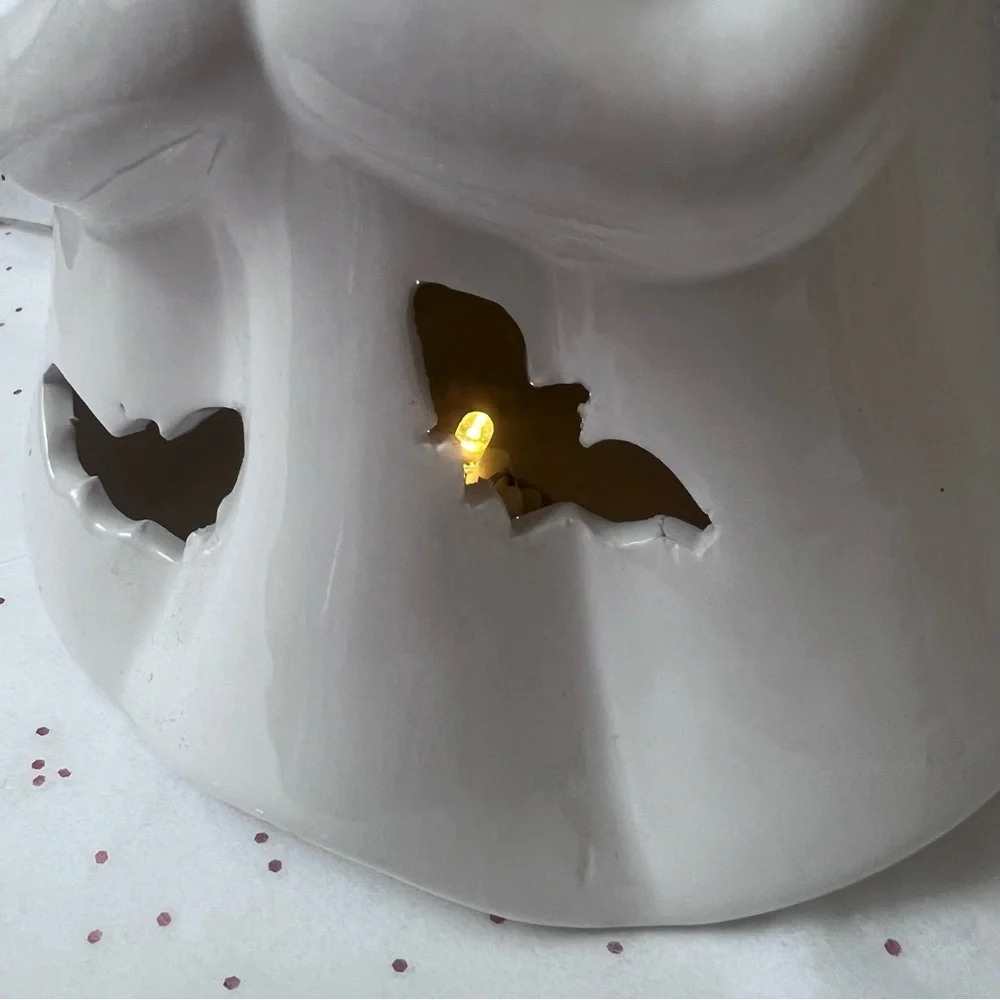 White Ceramic Ghost Light Up Statue.  “See no-Hear no-Speak no” pose Halloween.